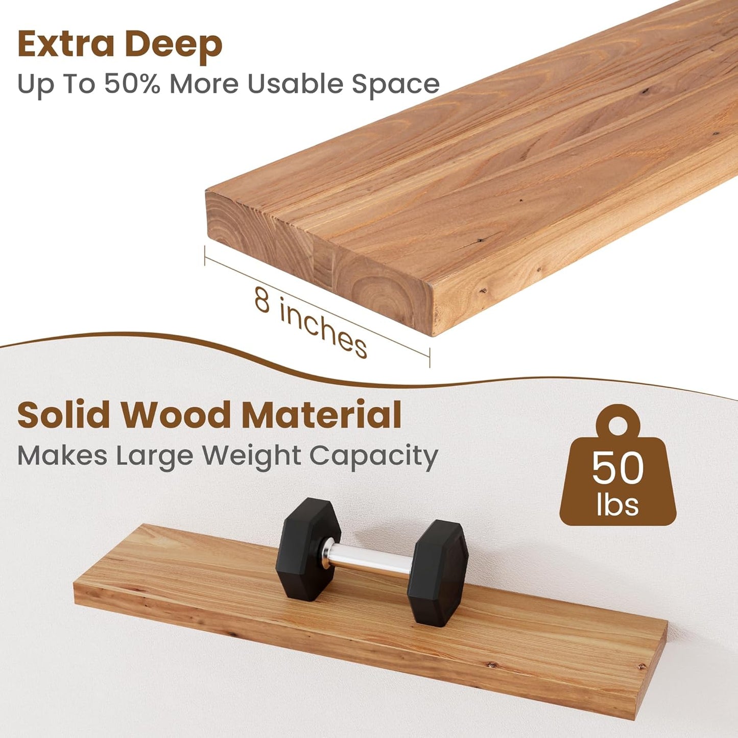 Floating Shelves for Wall Decor, 8" Deep Rustic Solid Elm Wood Floating Shelves Wall Mounted, Wall Shelves with Invisible Bracket for Living Room Bathroom Bedroom Kitchen, 32 Inch Set of 2, Natural