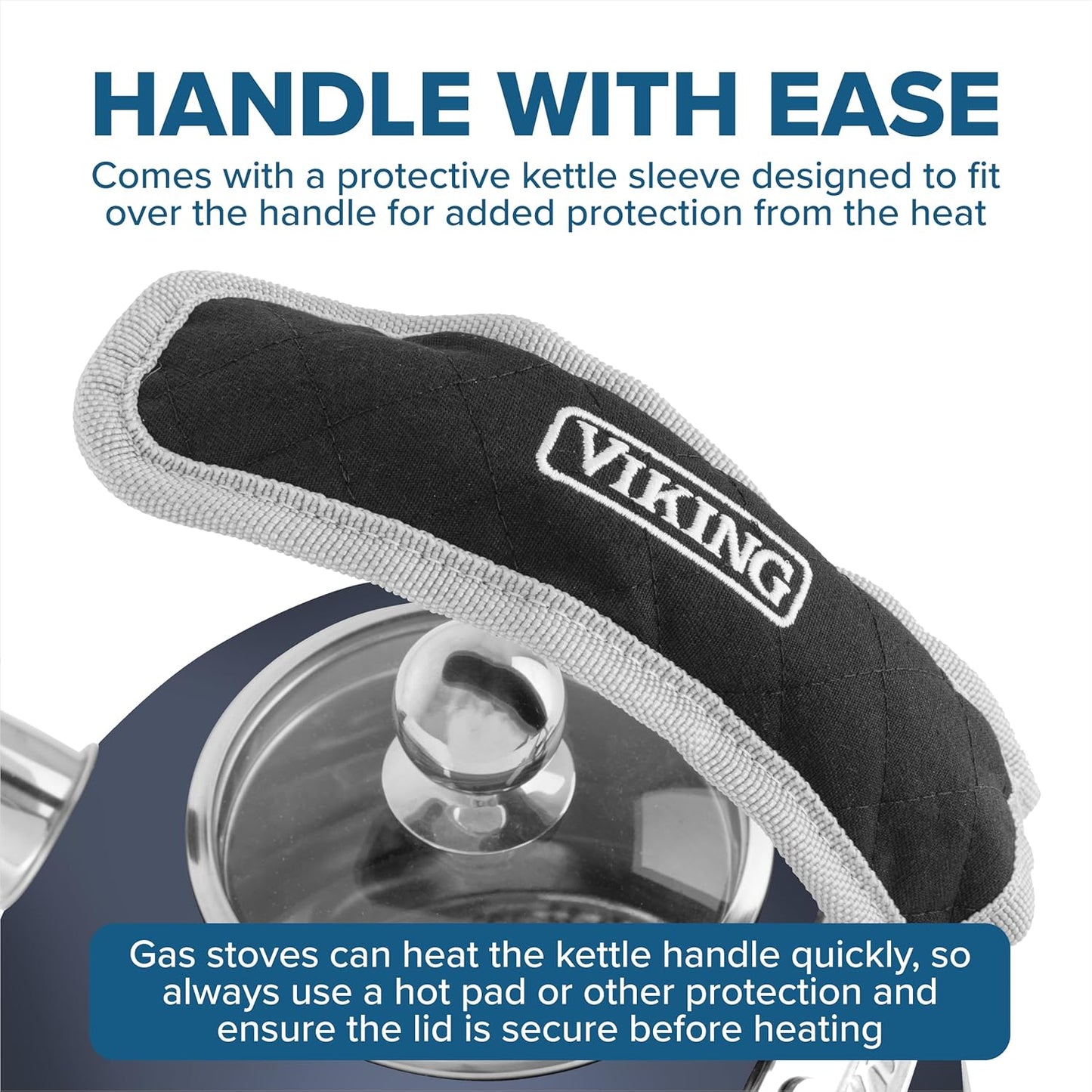 Viking 3-Ply Stainless Steel Tea Kettle, 2.6 Quart Stovetop Hot Water Pot with Tempered Glass Lid, Ergonomic Handle, Induction Ready, Slate and Blue