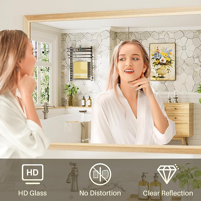 48x30 Inch Bathroom Mirror for Wall, Anti-Rust Oak Wood Grain Metal Framed - Image 6