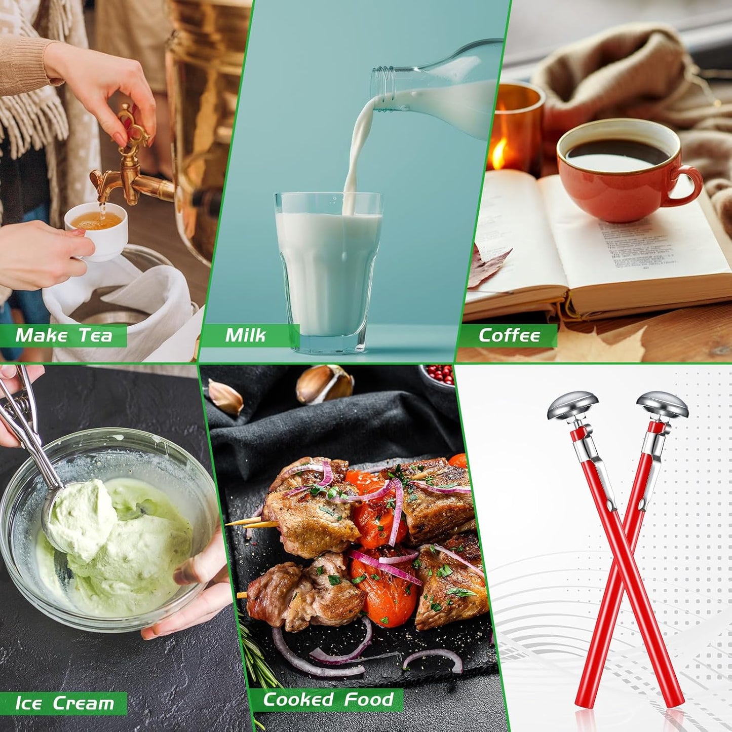 Xuhal 12 Pcs Stainless Steel Kitchen Thermometer with 5 Inch Long Stem 1 Inch Dial Thermometer Milk Frothing Food for Oven Probe Meat Grill BBQ Cooking Chocolate Water (Red)