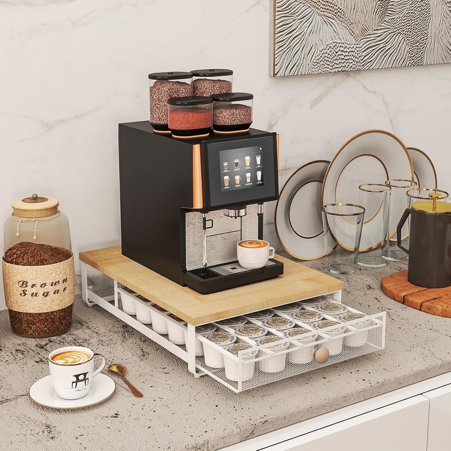 K Cup Organizer, Coffee Pod Holder Drawer, Under Brewer Storage Organizer with Sliding Drawer holds up to 35 K Cup Pods, No Assembly Needed, Natural colour