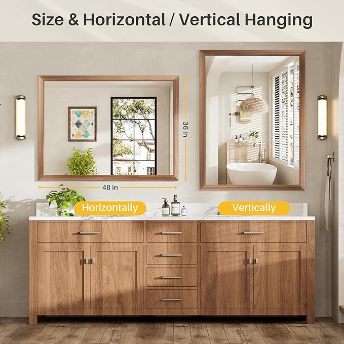 48x36 Inch Bathroom Mirror for Wall, Anti-Rust Walnut Wood Grain Metal Framed - Image 7