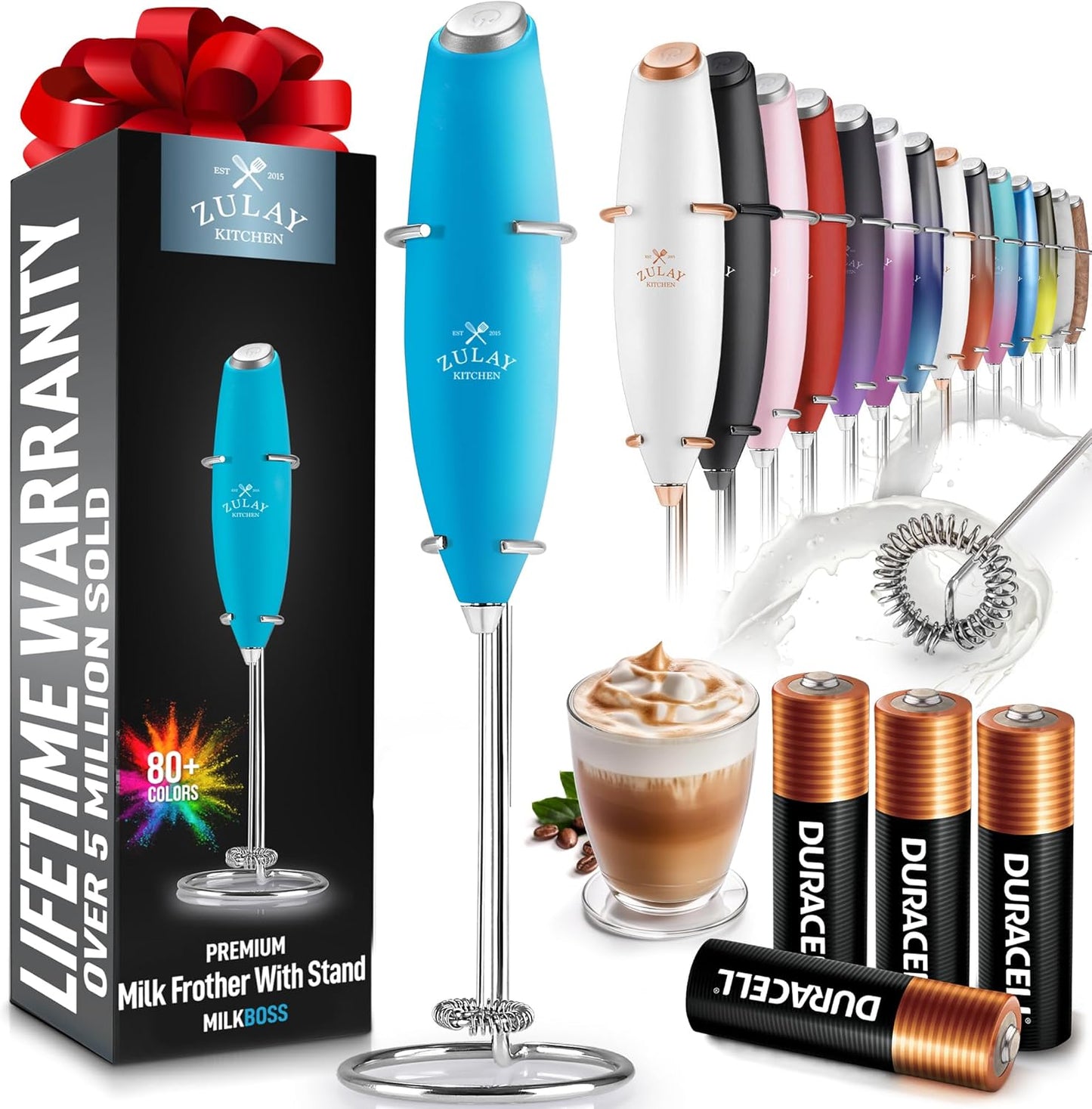 Zulay Powerful Milk Frother Handheld Foam Maker for Lattes - Whisk Drink Mixer for Coffee, Mini Foamer for Cappuccino, Frappe, Matcha, Hot Chocolate by Milk Boss (Teal)