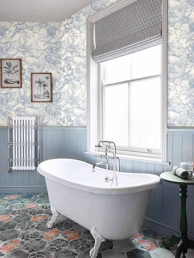 Ismoon Vintage Floral Wallpaper Peel and Stick Beige and Blue Contact Paper - Image 9