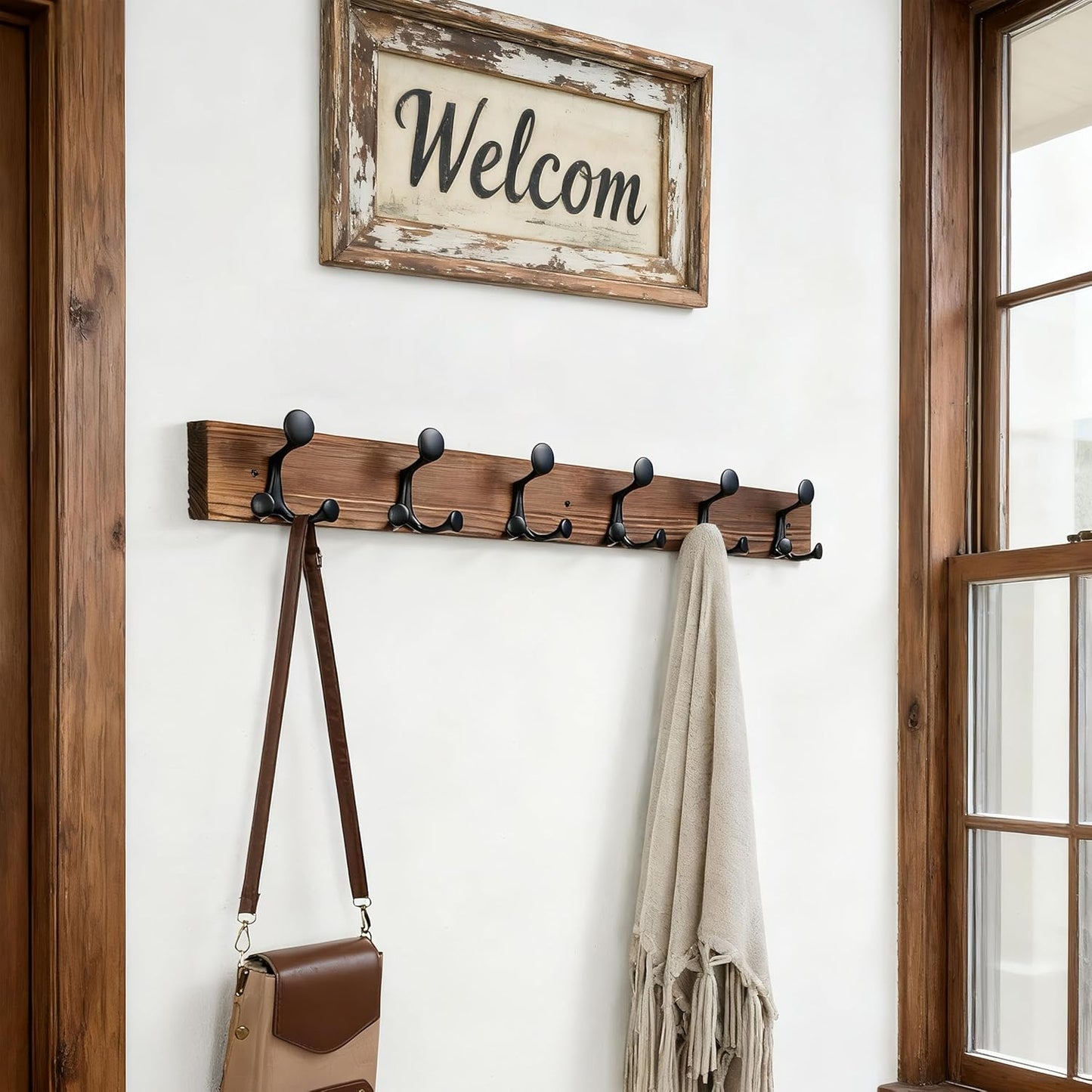 SKOLOO 36-Inch Wood Coat Rack Wall Mount with 6 Triple Hooks - Ideal for Family Entrances, Classrooms, and Pet Supplies Storage - Perfect Coat Hooks for Wall,Charred Golden Brown