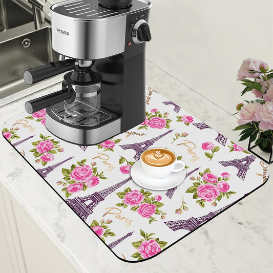Eiffel Tower with Pink Rose Coffee Mat Absorbent Dish Drying Mat for Kitchen Counter Hide Stain Rubber Backed Coffee Bar Accessories Fit Under Espresso Machine Dish Drainer 11.8 x 19.7 Inch