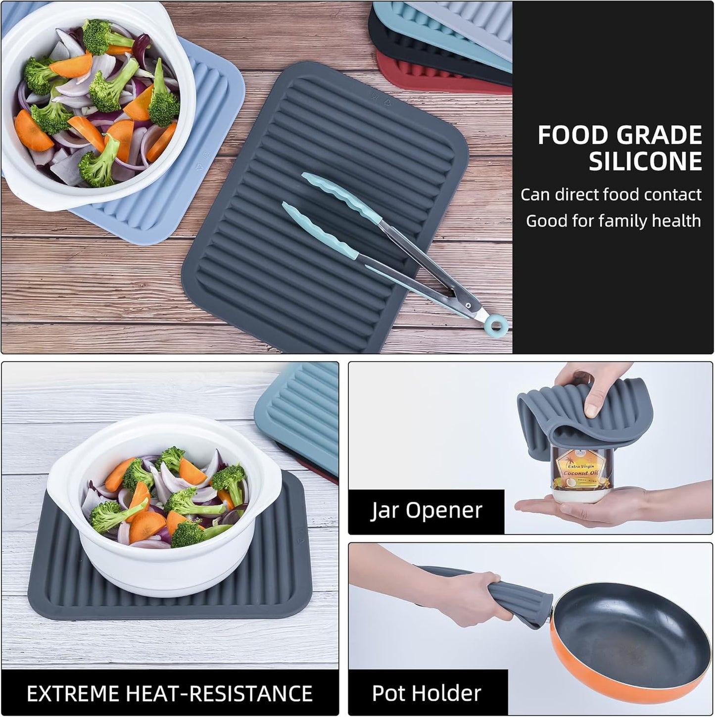 Silicone Trivets for Hot Dishes, Pots & Pans, Hot Pads for Kitchen, Trivets for Quartz Countertops, Hot Pads Silicone Mats for Kitchen Counter,Pot Holders Trivet Mat Set 2, Dark Grey