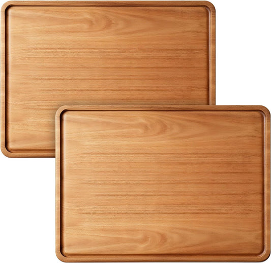 2 PCS 16 x 12 in Large Solid Acacia Rectangular Wood Serving Trays Natural Wooden Boards Serving Platters for Bar Coffee Party Dessert Tray