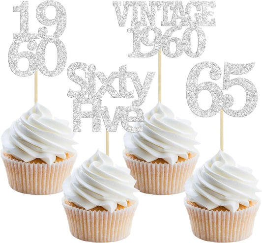 Gyufise 24Pcs 65th Birthday Cupcake Toppers Glitter Cheers to 65 Fabulous Sixty Five Vintage 1960 Cupcake Picks 65th Birthday Wedding Anniversary Party Cake Decorations Supplies Silver