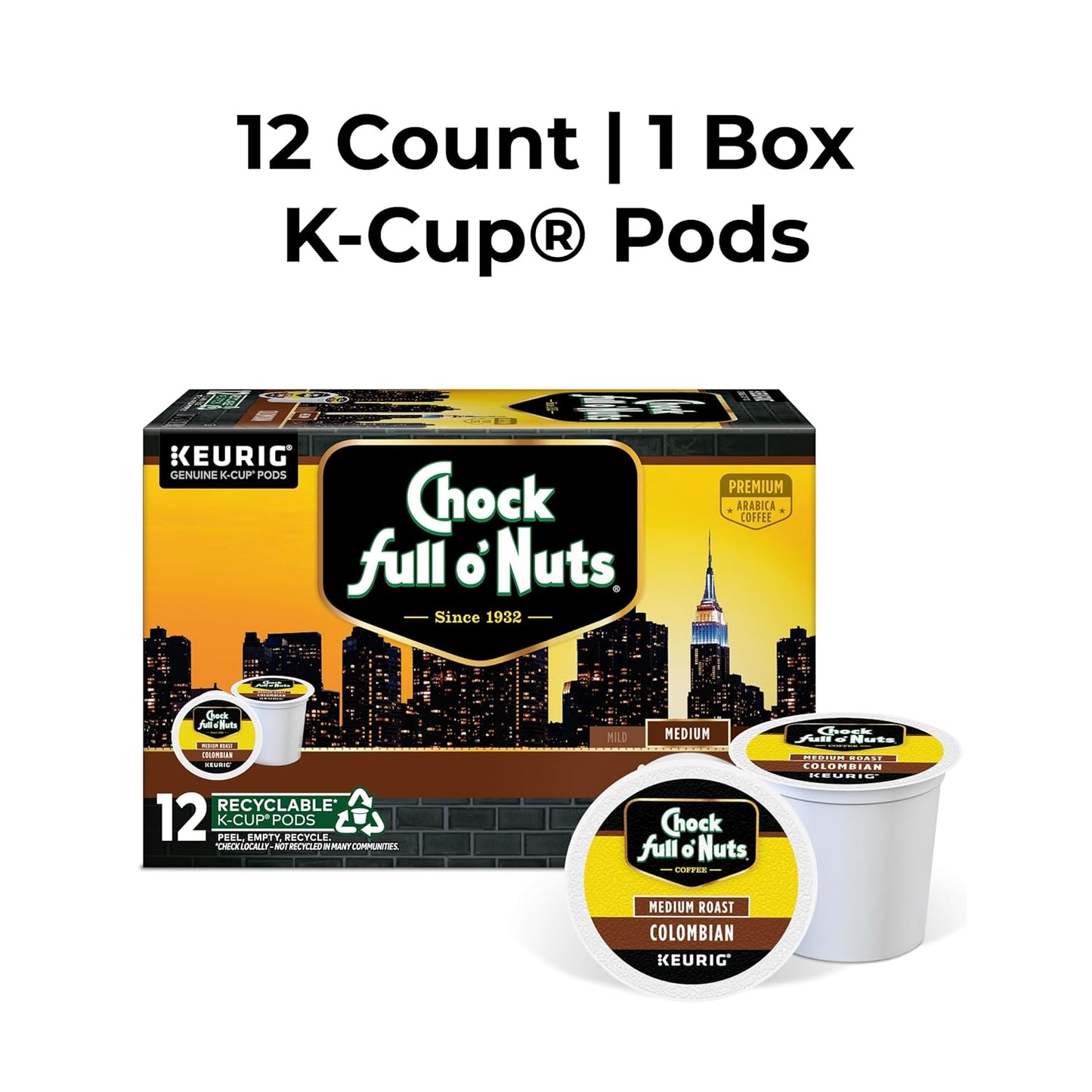 Chock full o’Nuts Colombian Keurig K-Cup Pods for Keurig Brewers – Premium Arabica, Medium Roast – Single Serve – 1 Pack of 12 K-Cup Pods