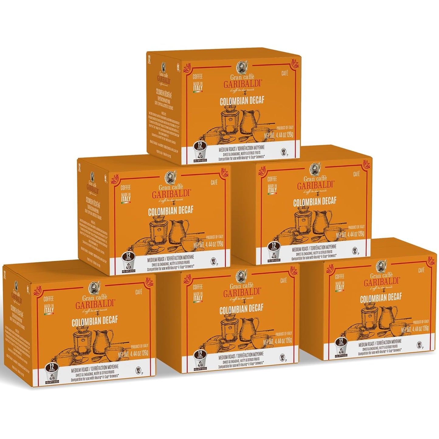 Caffè Garibaldi Colombian Decaf Coffee Pods, Single-Serve Capsules for Keurig K-Cup Brewers, Single Serve Cups with 100% Arabica Blend for Coffee Makers, 72 Count Recyclable Pods - Medium Roast