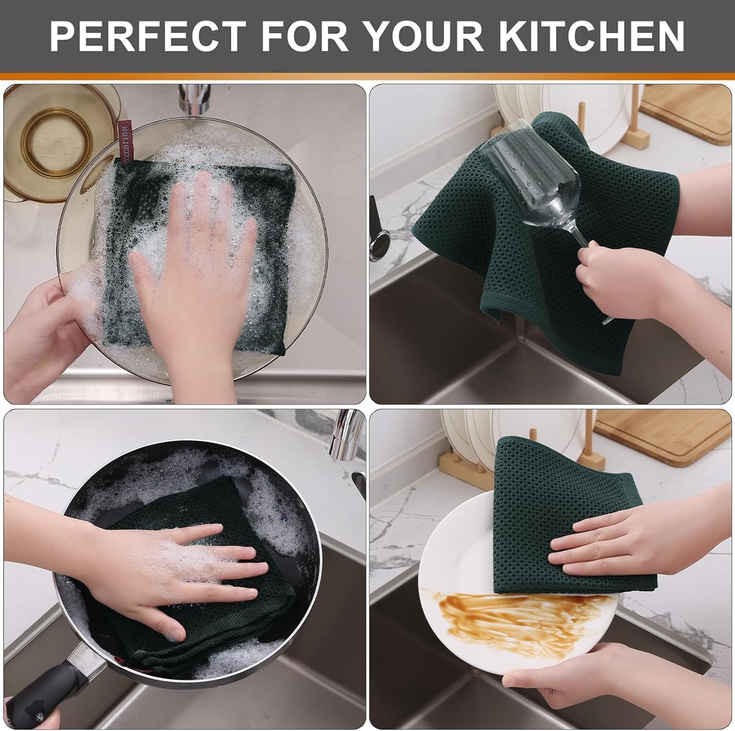 Kitinjoy 100% Cotton Kitchen Dish Cloths, 6 Pack Waffle Weave Ultra Soft Absorbent Dish Towels for Drying Dishes Quick Drying Kitchen Towels Dish Rags, 12 X 12 Inches, Blackish Green