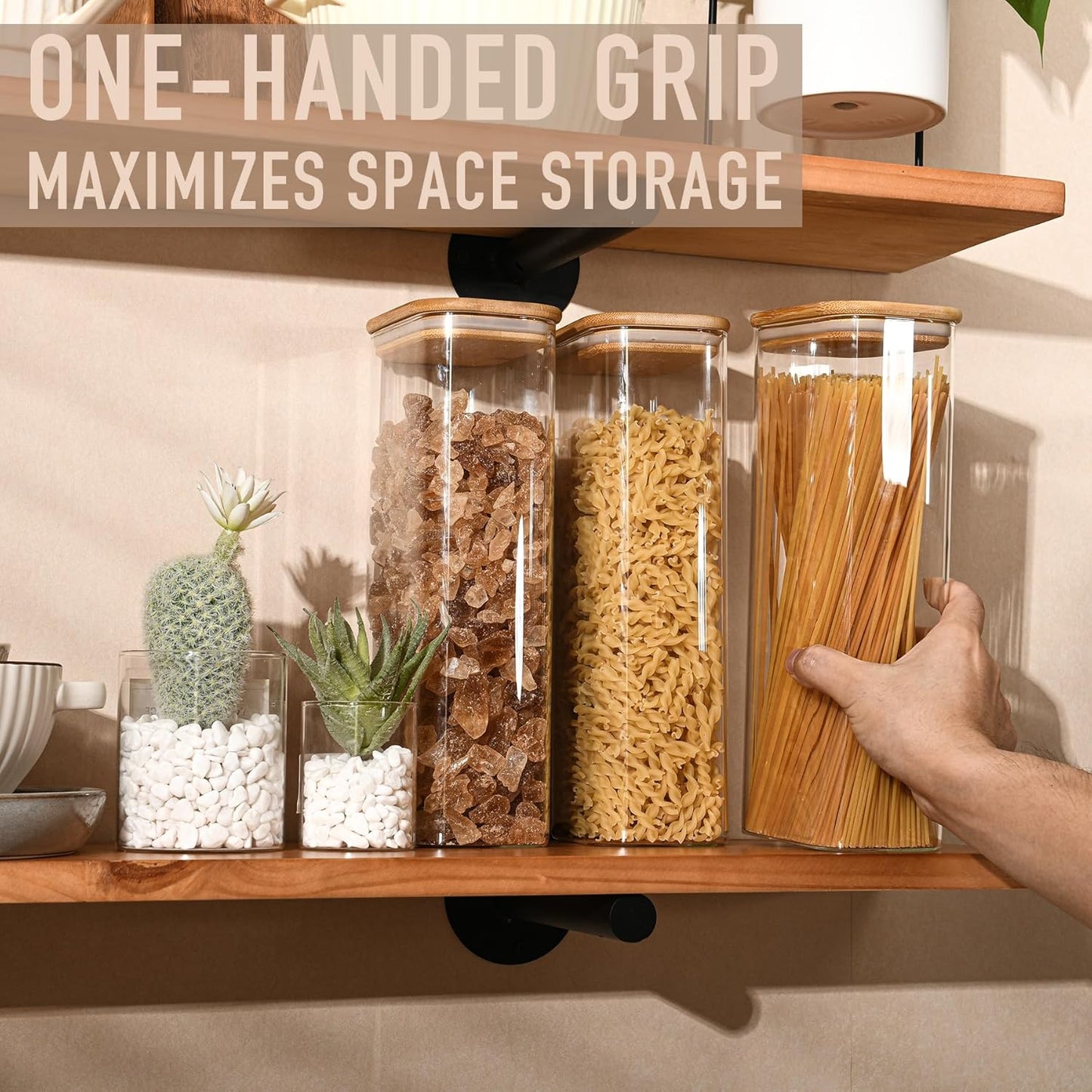 71oz Rectangle Airtight Glass Storage Containers with Bamboo Lids (Set of 3), Square Food Storage Jar, Pantry Organizers for Sugar, Flour, Spaghetti and Coffee beans (‎with Black Lable)