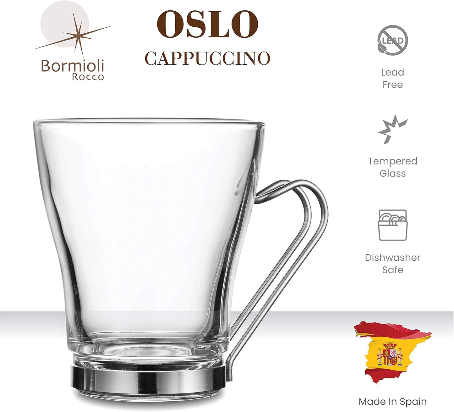 Bormioli Rocco OSLO Glass Coffee Mug - 7 ½ Ounce Espresso Cups (4 Pack) with Metal Handle Perfect Tea Glasses for hot and cold beverages, Thermal Shock Resistant, Tempered Glass, for Latte, Cappuccino