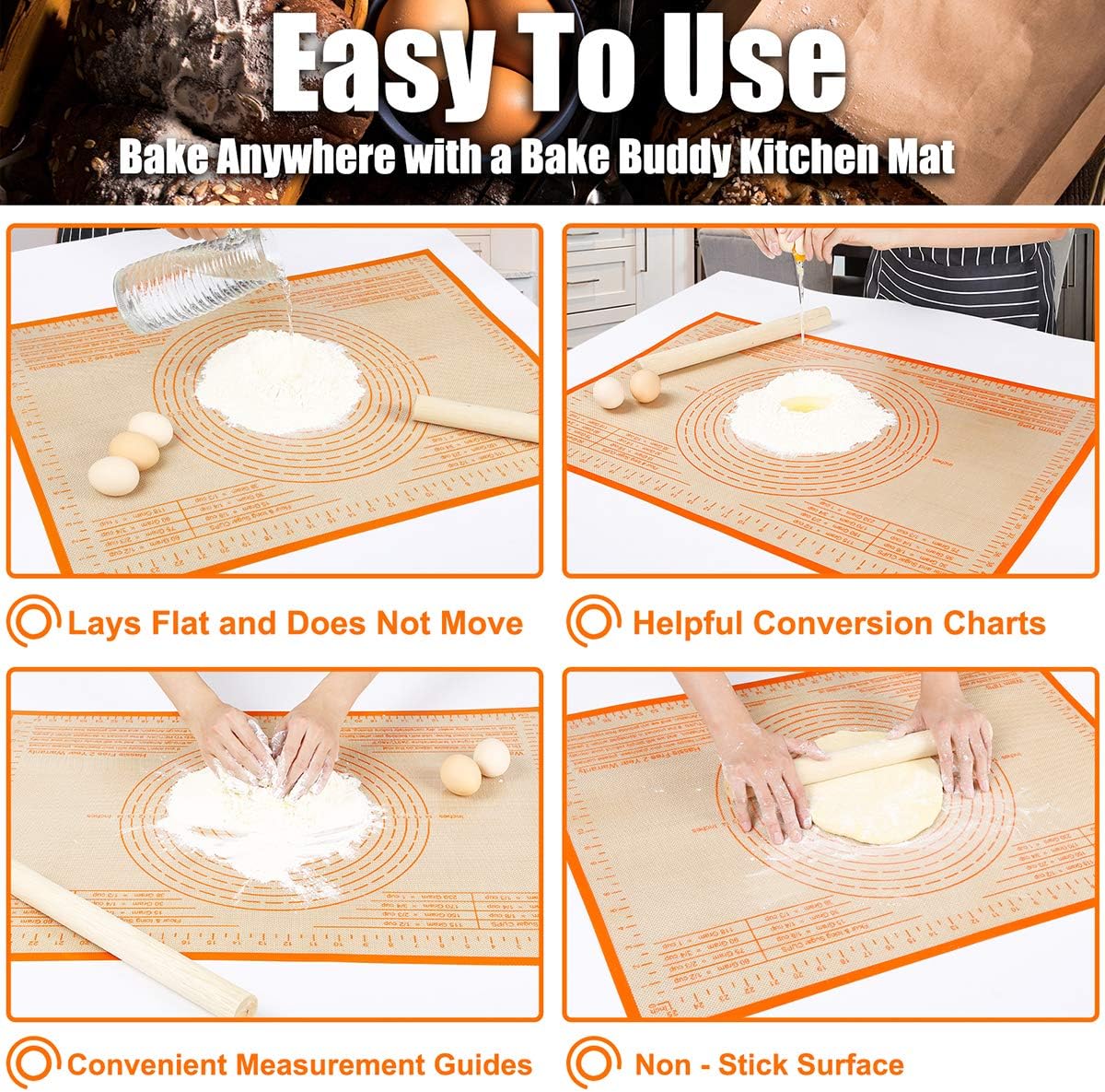 Silicone Pastry Mat 36X24 Inches Baking Mat with Measurement, Perfect for Dough, Pastry, Cookies, Pie Crust, Fondant, Bread, Sourdough, Pasta, Pizza, Kitchen Counter Mat