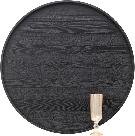 24 inch Round Solid Wood Serving Tray Extra Large Tea Coffee Snack Food Meals Serving Plate Non-Slip Kitchen Party Bar Server Ottoman Tray Breakfast Tray with Raised Edges Black