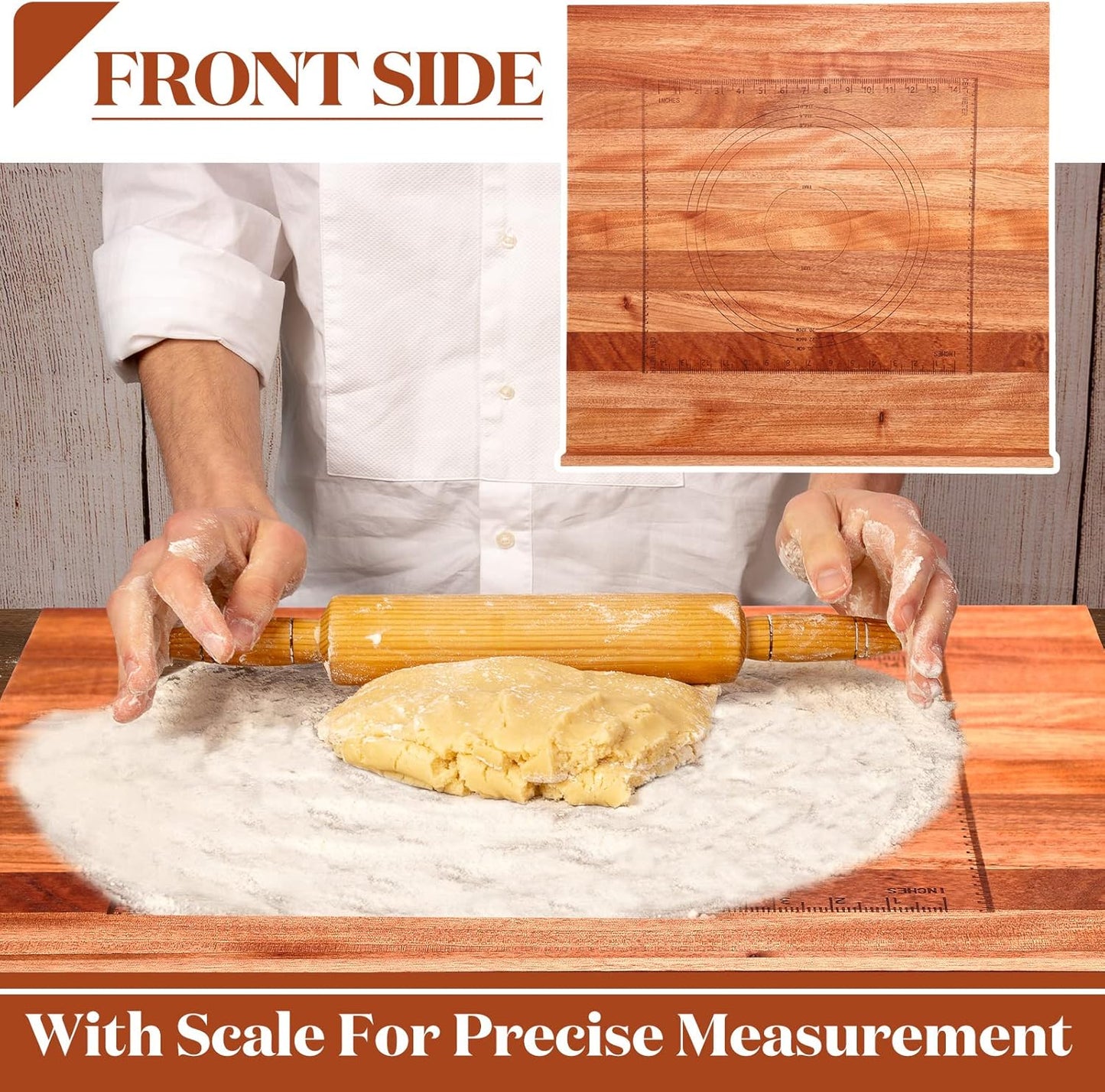 Vesici Reversible Pastry Board with Lip for Rolling Dough Large Wooden Cutting Chopping Kneading Board with Engraved Measurements for Counter Table Top Kitchen(Walnut,24 x 22.8 x 1.5 Inch)