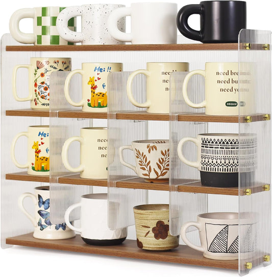 Coffee Mug Holder Wooden Cup Station Organizer 4-Tier Cup Holder for Coffee Bar Mug Display Rack for Countertop Mug Holder Shelf for Home Kitchen Nut Brown
