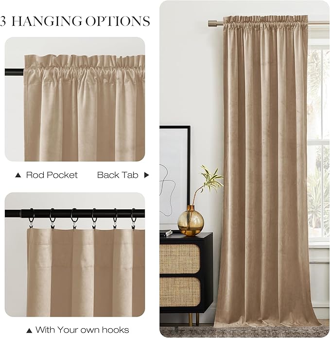 NICETOWN Beige Velvet Room Darkening Curtains, Home Decor Light Blocking - Image 5