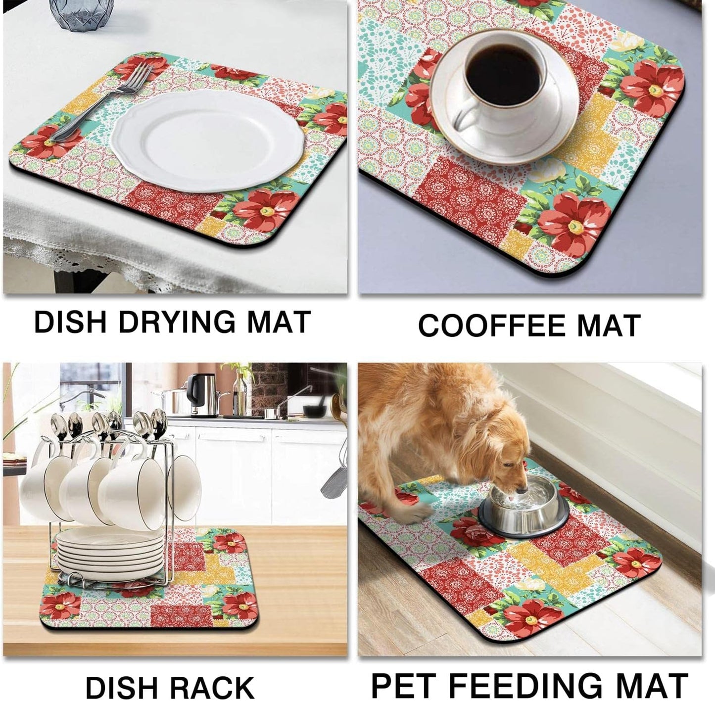 Rubber Dish Drying Mat for Kitchen Counter Large Boho Flowers Washable Quick Home Coffee Pad Fit Under Sink,Bar,Utensils 16x18in