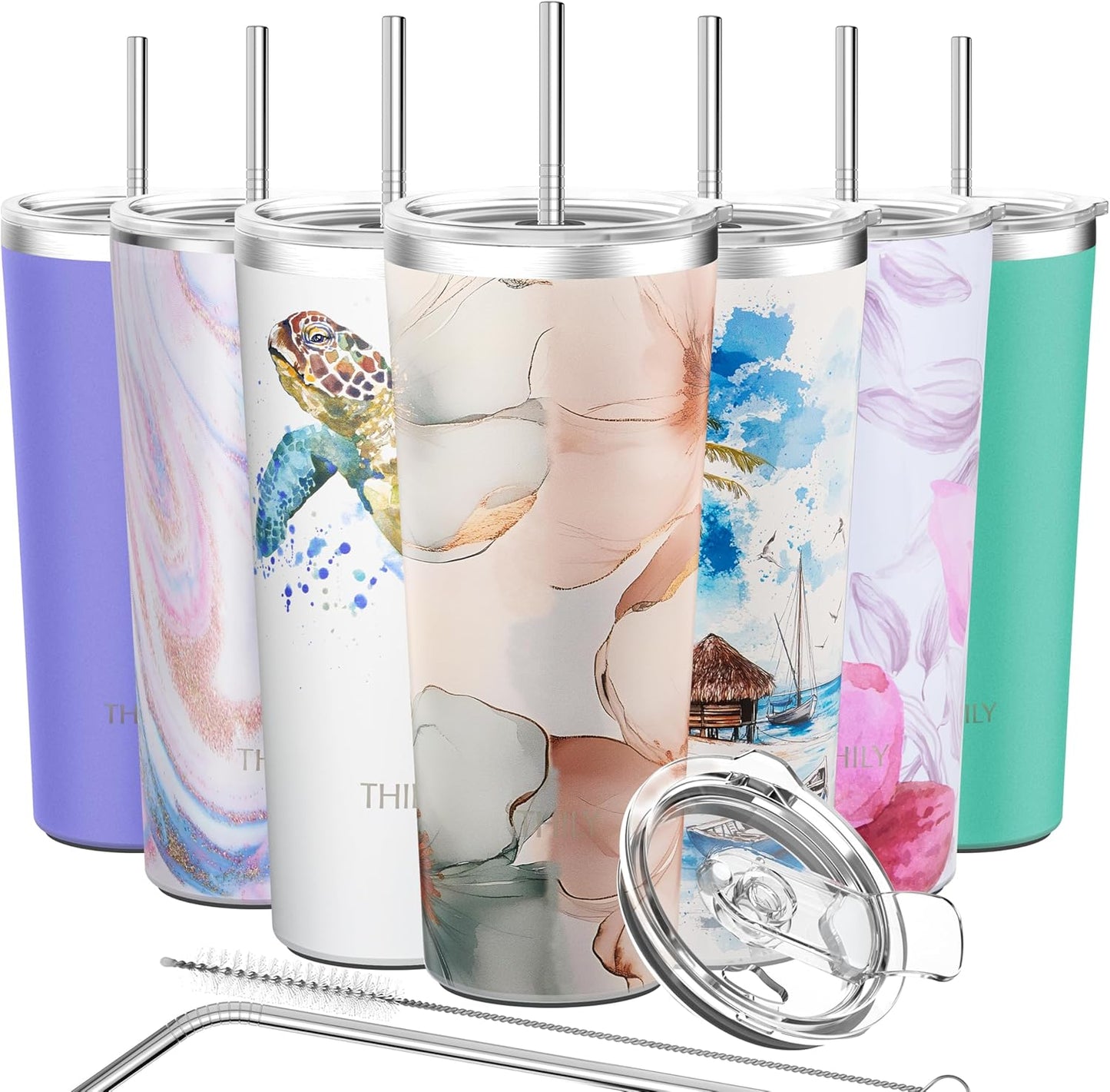 THILY Stainless Steel Vacuum Insulated Tumbler 26 oz Travel Mug Wide Mouth Coffee Cup with 2 Lids and Straws, Splash Proof, BPA Free, Keep Iced Drinks Cold, Golden Bloom Whispers