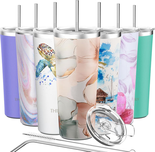 THILY Stainless Steel Vacuum Insulated Tumbler 26 oz Travel Mug Wide Mouth Coffee Cup with 2 Lids and Straws, Splash Proof, BPA Free, Keep Iced Drinks Cold, Golden Bloom Whispers