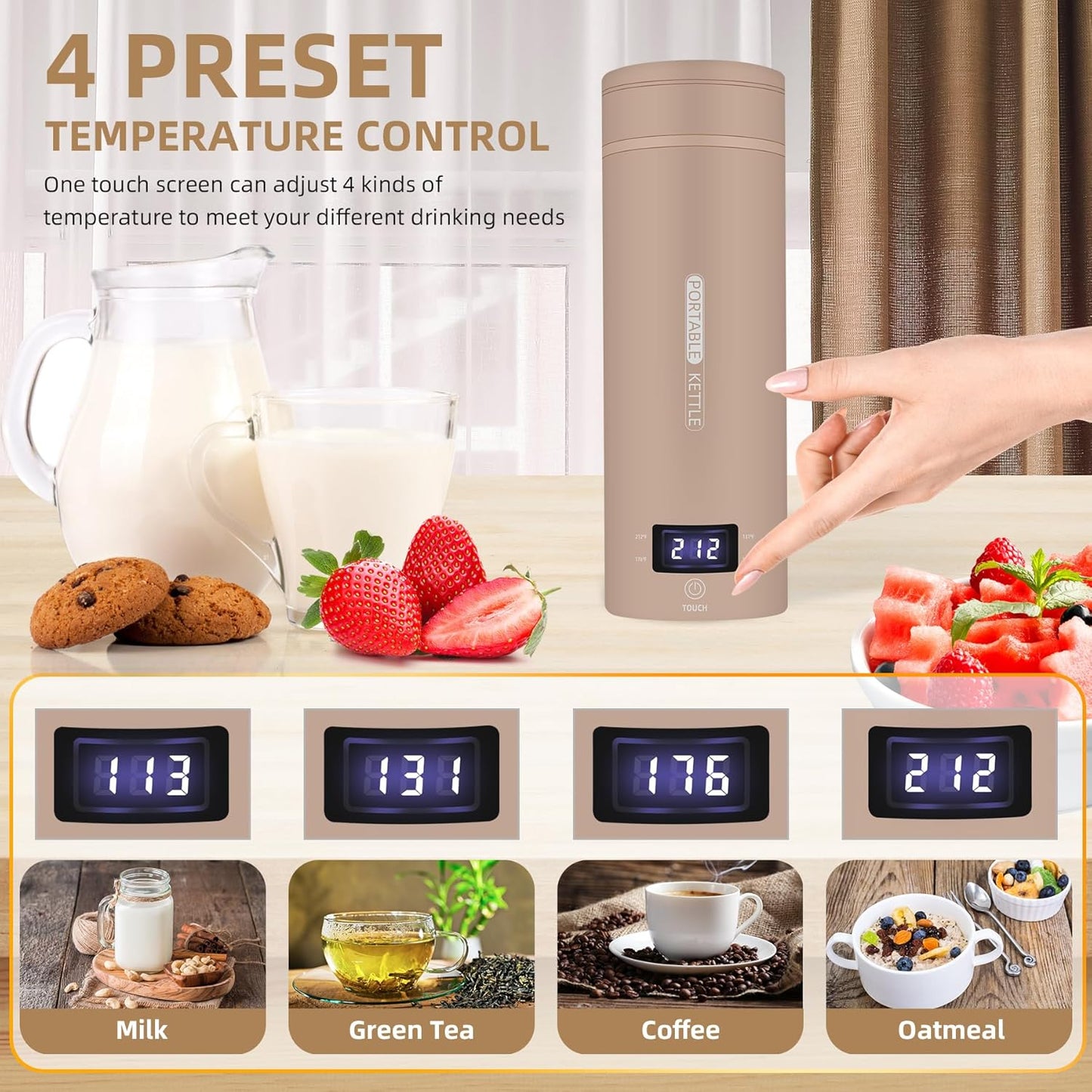 Travel Electric Kettle Portable Small Mini Tea Coffee Kettle Water Boiler, Water Heater with 4 Temperature Control,304 Stainless Steel with Auto Shut-Off & Boil Dry Protection, BPA-Free (Khaki)