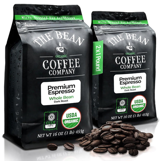 The Bean Organic Coffee Company Premium Espresso, Dark Roast, Whole Bean Coffee, 16-Ounce Bags (Pack of 2)