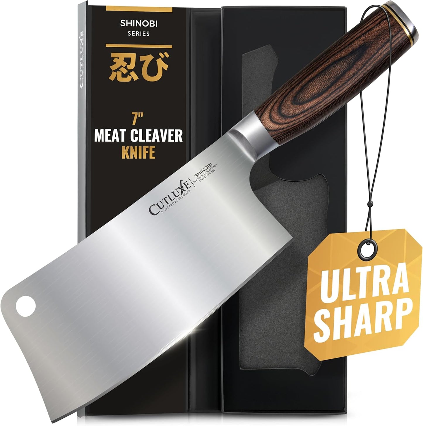 Cutluxe Meat Cleaver Knife – Ultra Sharp 7" Meat Cleaver, Butcher Knife, High Carbon Stainless Steel Blade, Full Tang Pakkawood Handle – Shinobi Series