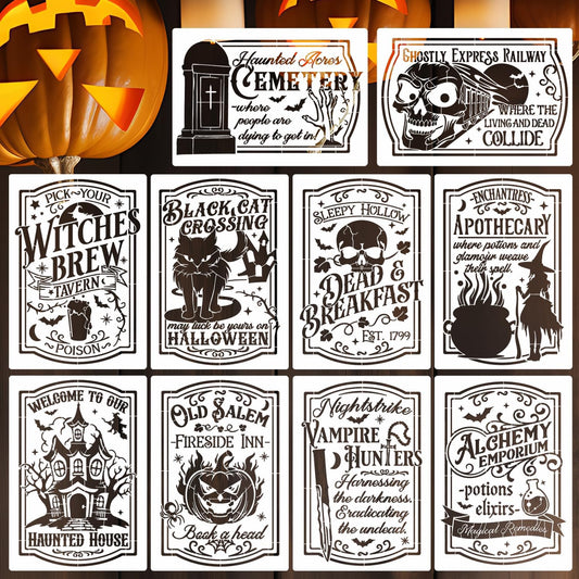 Halloween Stencils for Painting 11.7”x8.26” Reusable Halloween Stencil A4 Skeleton Witch Black Cats Draw Templates for Wood Signs Walls Windows Door Mat Fabrics