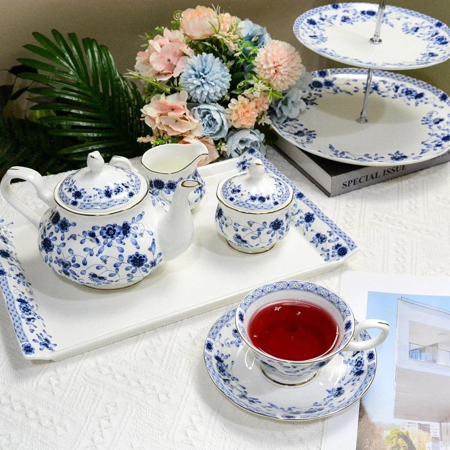 Bone China Tea Set for Adults, 13-Piece Porcelain Tea Sets,Blue and White Bone China Tea Cup Set for 4，Vintage Tea Sets for Women Tea Party or Christmas Gifts