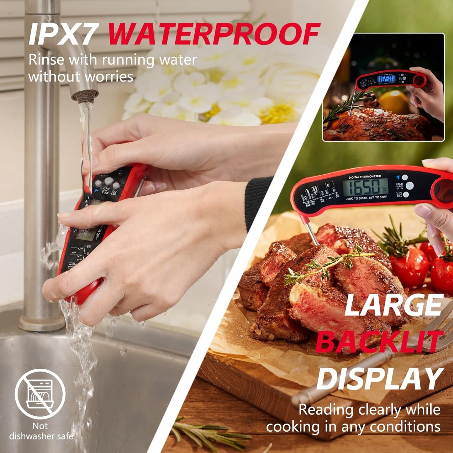 Meat Thermometer Digital, ULTRAKTE Instant Read Food Thermometer with Backlight & Calibration, Waterproof Ultra-Fast Cooking Thermometer with Foldable Probe for Kitchen, Grill, Deep Fry, BBQ, Candy