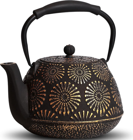 Cast Iron Teapot, 40oz Tea Kettle with Infuser for Stove Top, Sakura Design Japanese Tea Pot for Tea&Coffee Coated with Enameled Interior, Silicone Handle 1200ml black
