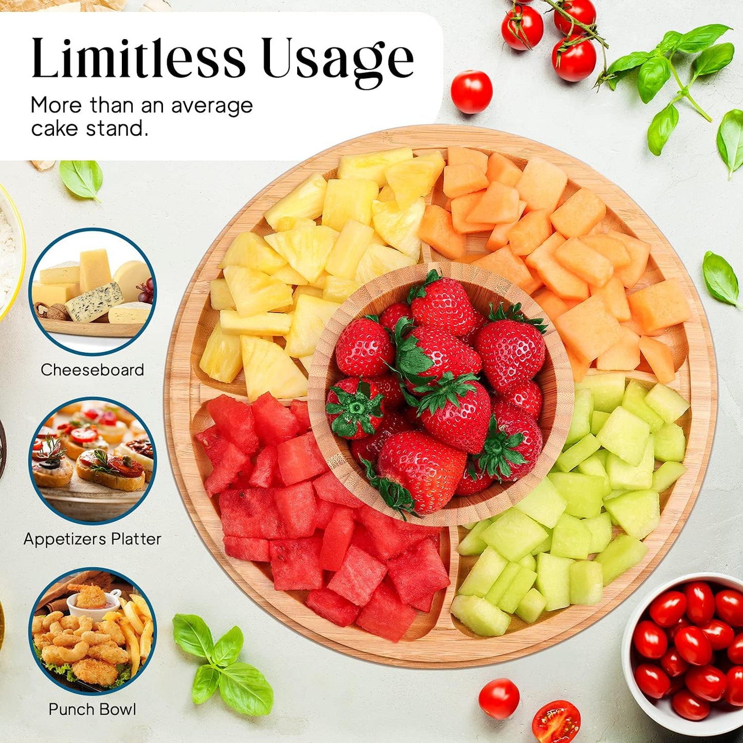 Homeries Bamboo Cake Stand with Lid, Cake Plate, (6 in 1) Multi-Functional Serving Platter, Large Cake Stand with Dome, Cake Display Stand with lid & Cake Dome - Use as Cake Holder, Cake Cover