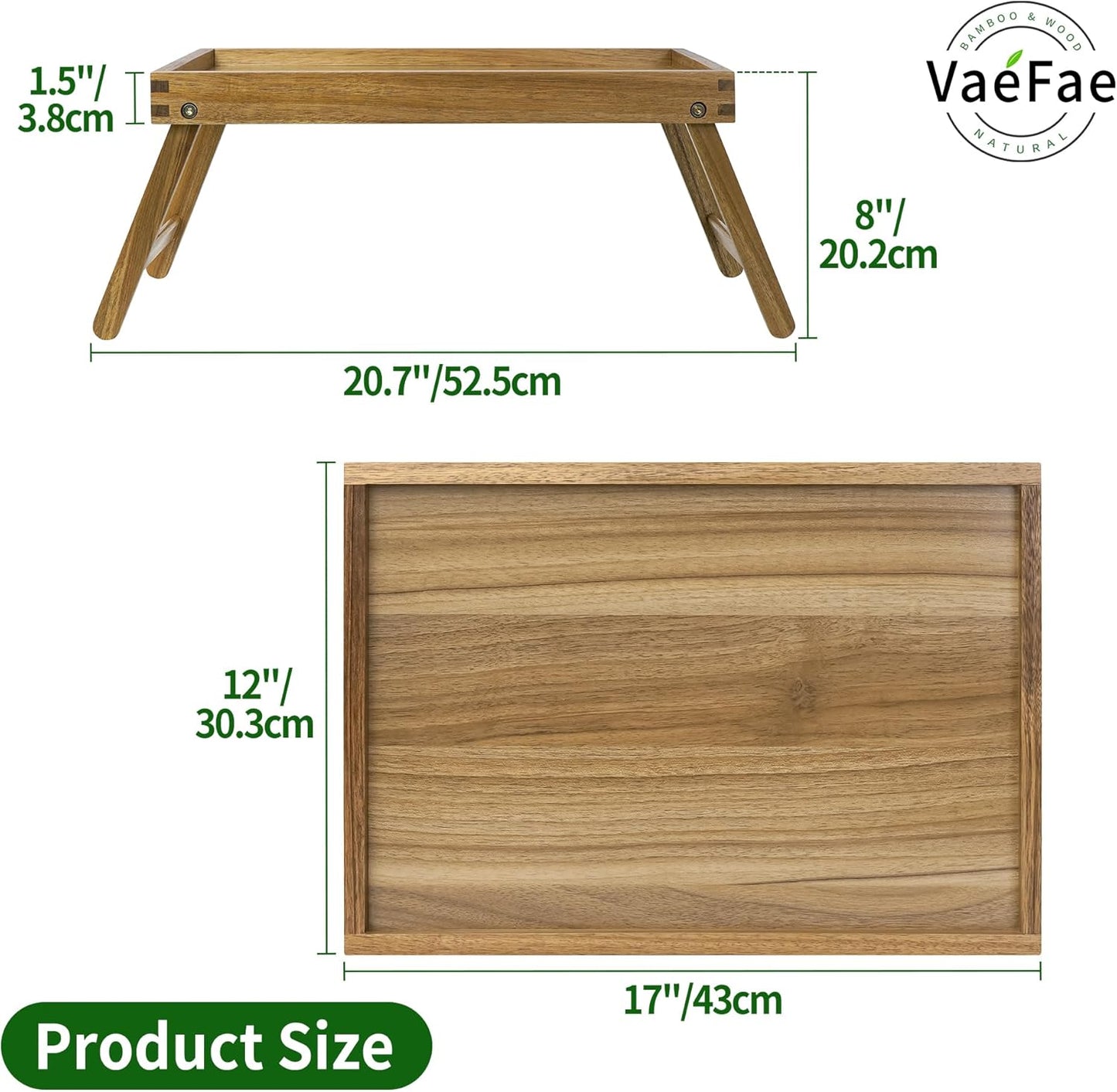VaeFae Acacia Bed Table Tray, Wooden Breakfast Tray with Folding Legs, Bed Tray for Eating and Laptop, Eating Trays for Bedroom, (2 Pack)
