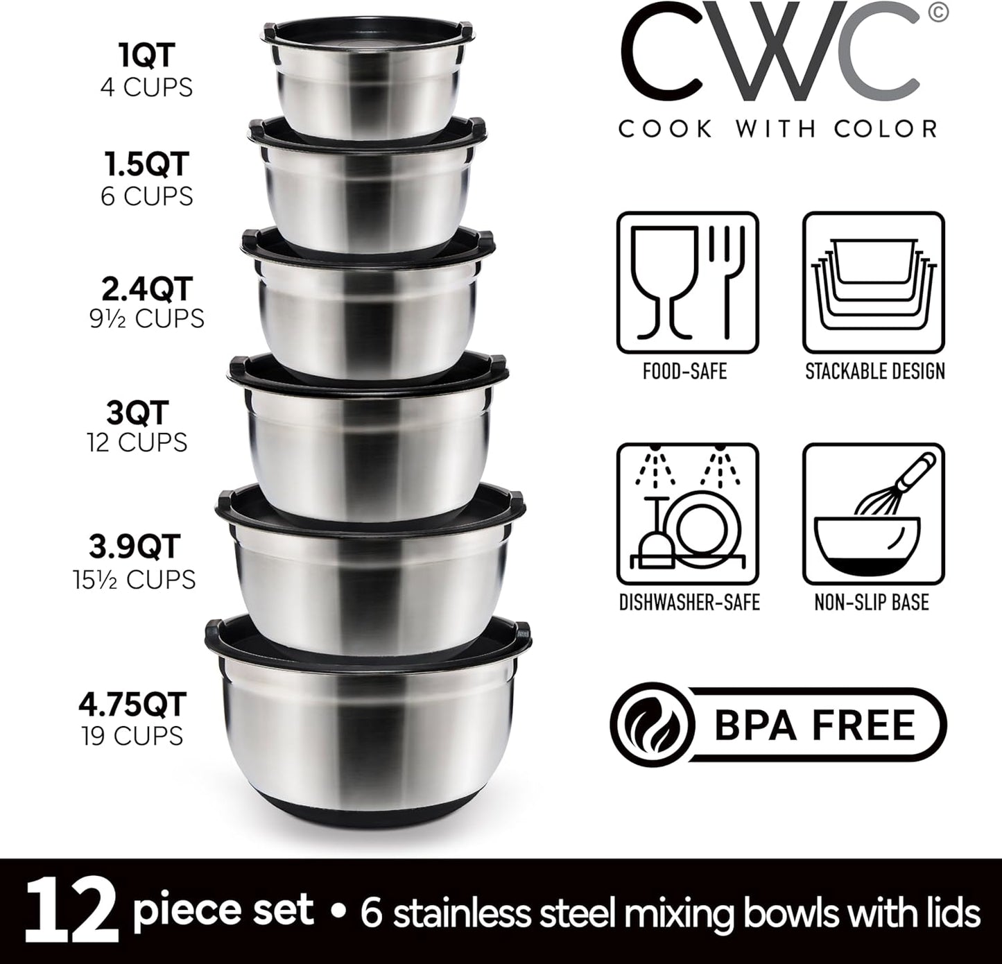 COOK WITH COLOR Stainless Steel Mixing Bowls Set with Lids - Nesting Bowls with Non-Slip Bottom, Black, 12 Pieces