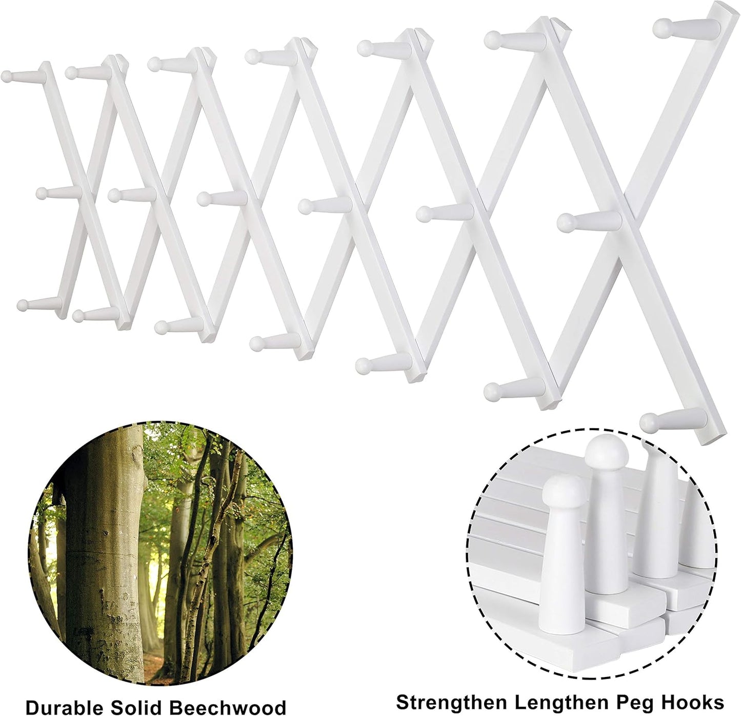 Dseap Accordian Wall Hanger: Wooden Coat Rack Wall Mounted, Hat Racks for Baseball Caps, Mug Rack, 20 Peg Hooks, White