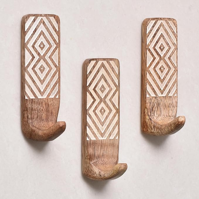 IndianShelf 10 LB- 12 Pieces Decorative Wood Adhesive Wall Hooks–Boho Peel and by IndianShelf