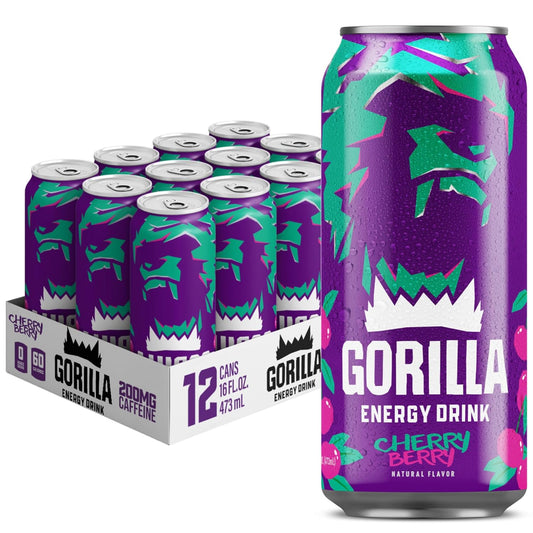 Gorilla Energy Drink, Cherry Berry, 200mg Natural Caffeine, Real Fruit Juice Squeezed & Concentrated, L-Theanine, Taurine, Ginseng, Acetyl L-Carnitine, No Added Sugar and No Artificial Colors, 12 Pack