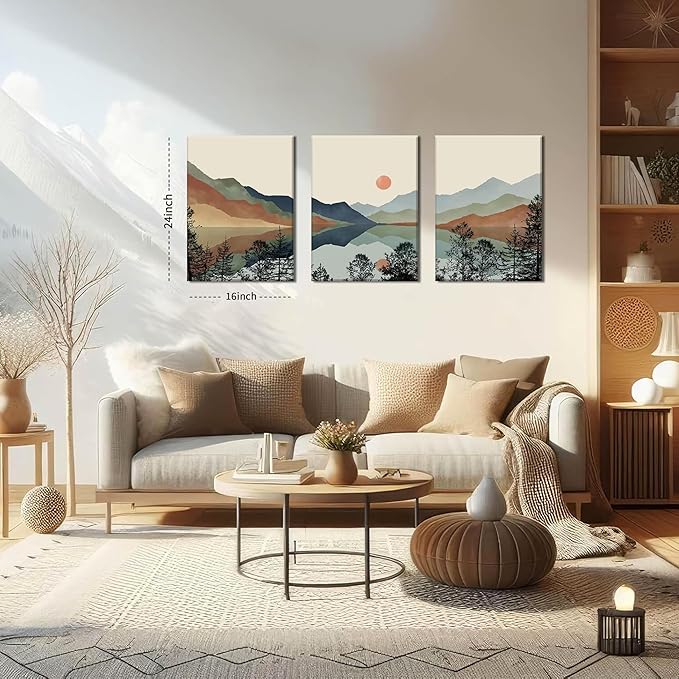 AKWISH Framed Mountain Canvas Wall Art Set of 3, Boho Watercolor Poster Prints - Image 3