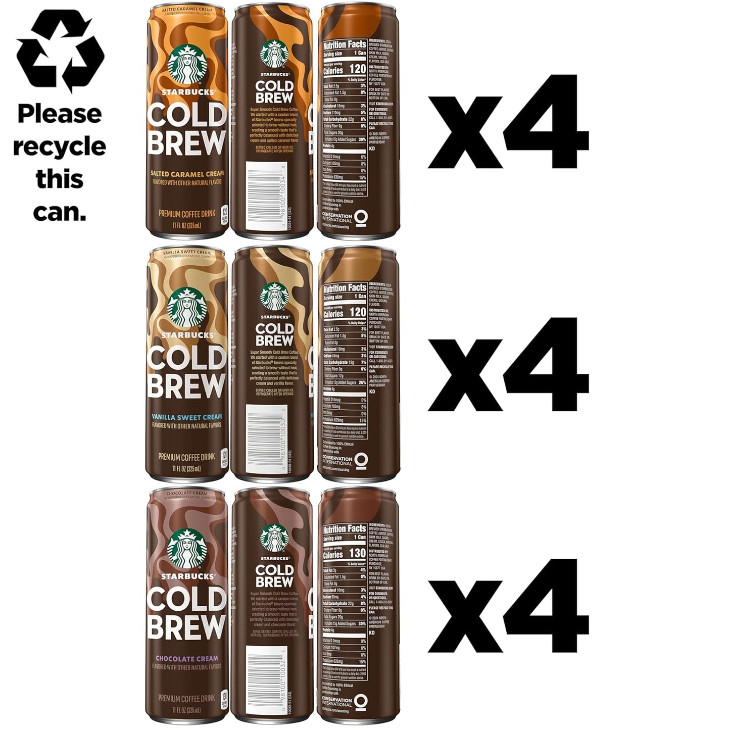 Starbucks Cold Brew Coffee, 3 Flavor Variety Pack, 11 fl oz Cans (12 Pack), Premium Coffee Drink, Iced Coffee