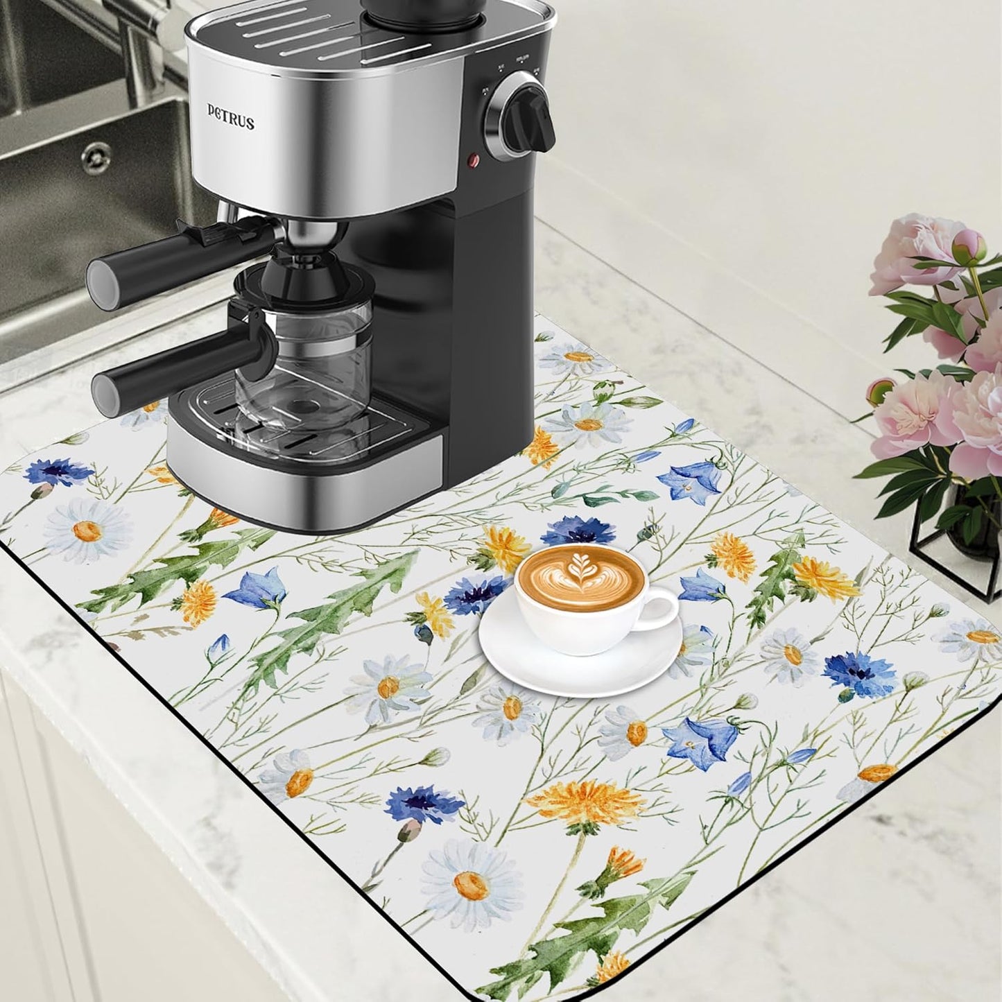 Watercolor Wildflower Dish Drying Mat for Kitchen Counter Coffee Mat Hide Stain Absorbent Rubber Backed Drying Rack Pad Espresso Machine Coffee Bar Accessories 15.7 x 23.6 Inch