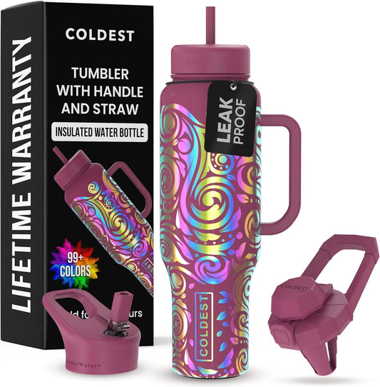 Coldest 40 oz Tumbler with Handle and Straw - 100% Leak Proof Insulated Tumbler with Lid and Straw (3 Lids) - Stainless Steel Tumblers for Women & Men - Cup Holder Friendly Base, 46 oz (Rose Spiral)