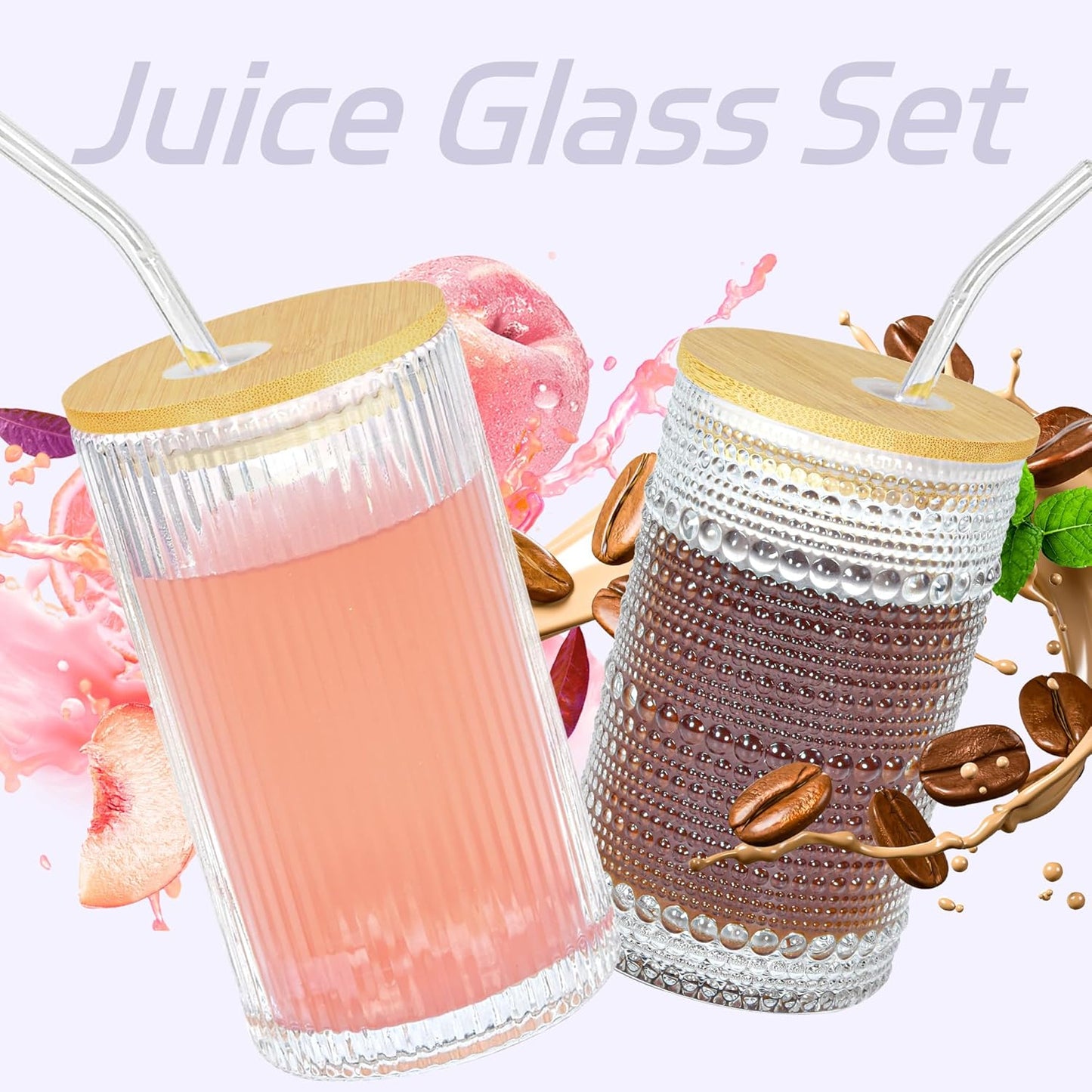 14 oz Drinking Glasses Set of 4 with Bamboo Lids Straws Striped Ribbed Glassware Set Vintage Glass Cups Embossed Iced Coffee Cup for Beer Cocktail Beverage(Ribbed)