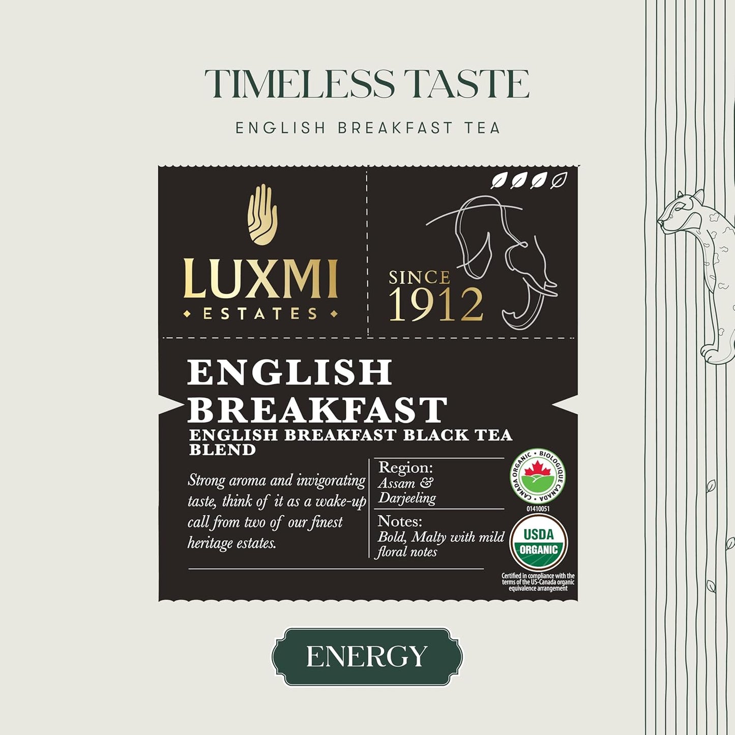 Luxmi Estates Tale of Two Estates Organic English Breakfast Tea (25 Tea Bags) Caffeinated Tea Bags For A Morning Boost and Natural Energy, With Certified Organic Darjeeling & Assam Black Tea