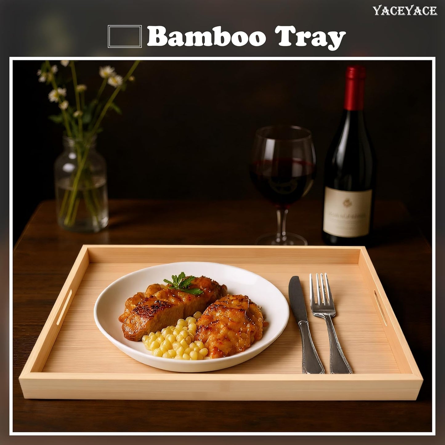 Serving Tray Decor, 15"x10"x1.5" Medium Bamboo Serving Tray for Bed, Home Decor, Food Tray for Coffee Table, Dining, Bar, Ottoman, Breakfast