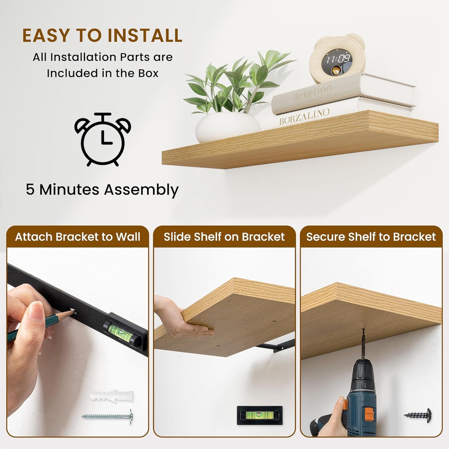 Fun Memories 40 Inch Deep Floating Shelves for Wall, 2 Pack of Wall Mounted Wood Shelves with Invisible Brackets for Bathroom, Bedroom, Kitchen Decor and Storage, Oak