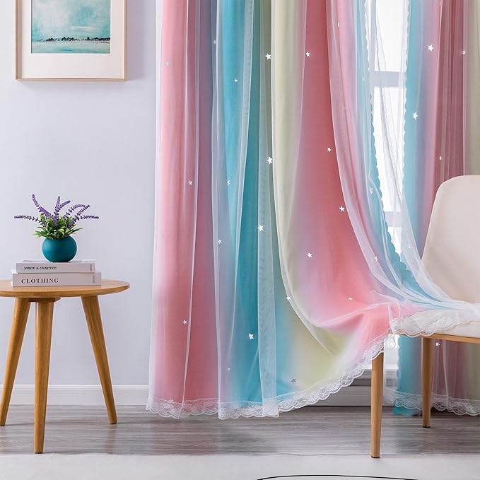 XiDi Curtains for Bedroom Decor, Rainbow Pink-Blue-52-90 - Image 4