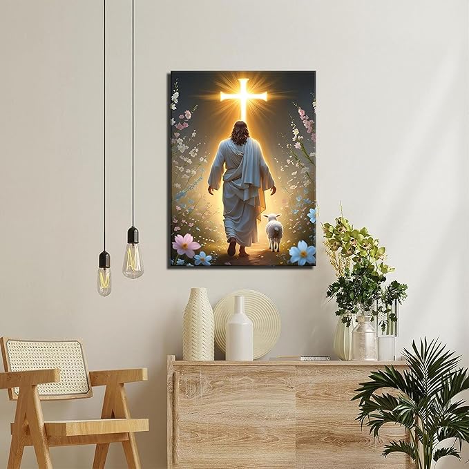 Jesus and Lamb Canvas Wall Art Christian Cross Jesus Walking Toward Light Wall - Image 5