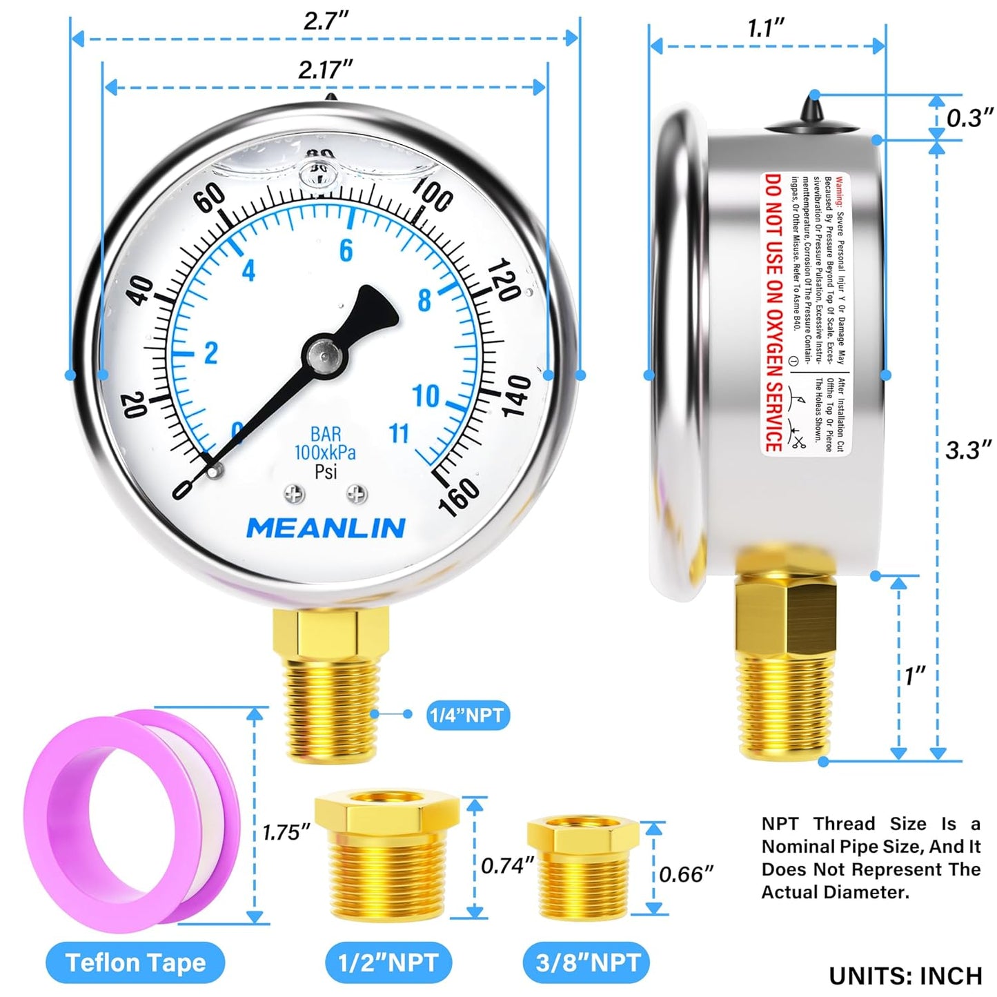 MEANLIN MEASURE 0~160Psi Stainless Steel 1/4" NPT 2.5" FACE DIAL Liquid Filled Pressure Gauge WOG Water Oil Air Lower Mount, with 1/2" NPT and 3/8" NPT Hex Bushing